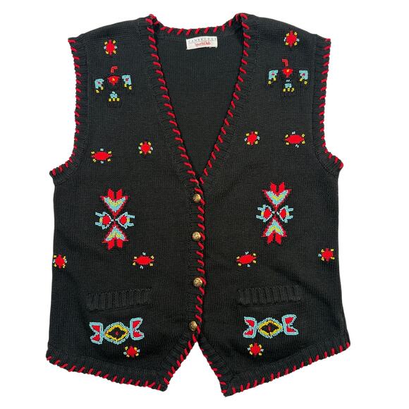 Cambridge Sports Club Sweaters - Vintage Cambridge Sports Club Beaded Southwest Black Sweater Vest Size Large
